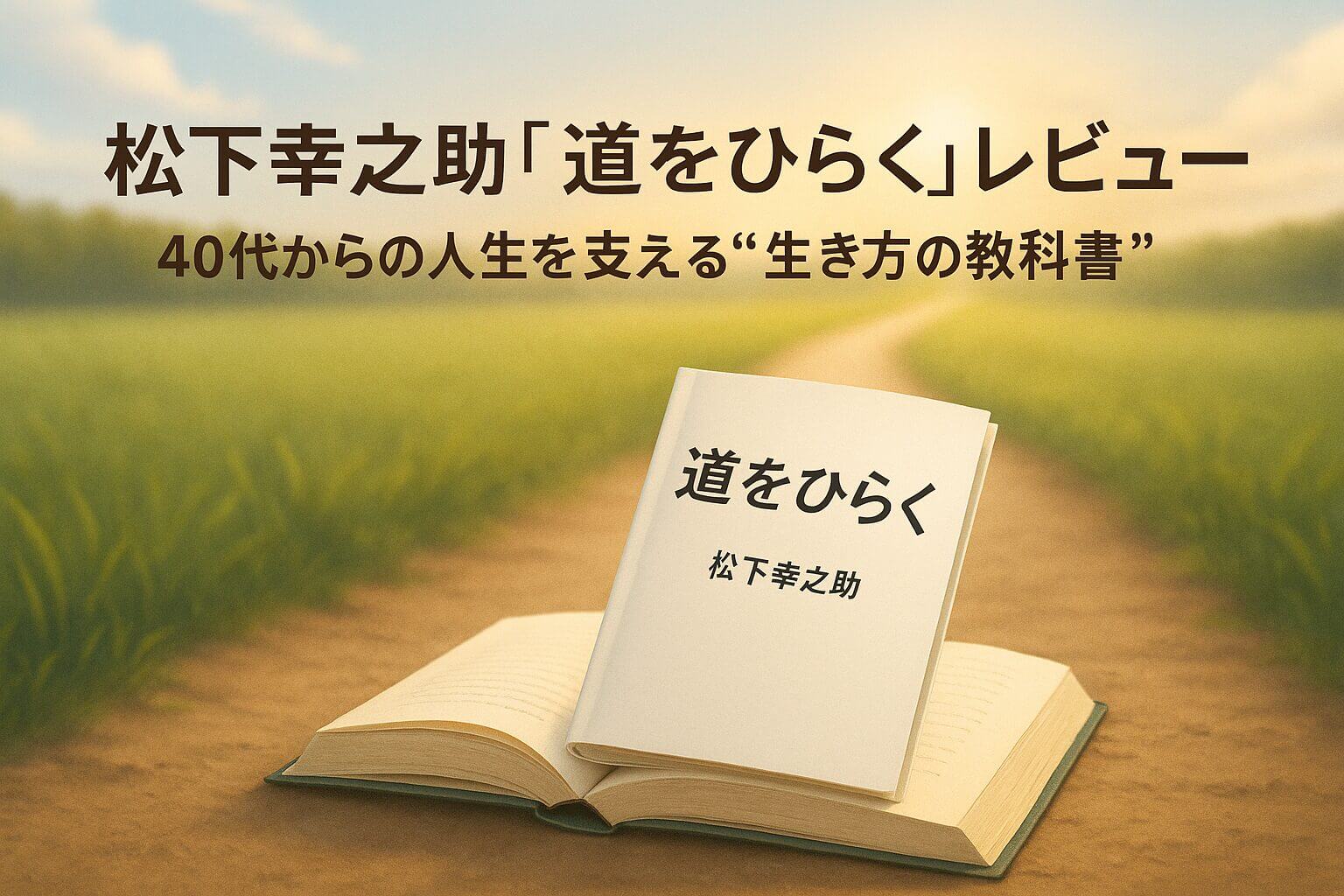 松下幸之助『道をひらく』レビュー記事のアイキャッチ画像。朝の光と開かれた本、希望の道が描かれたデザイン。