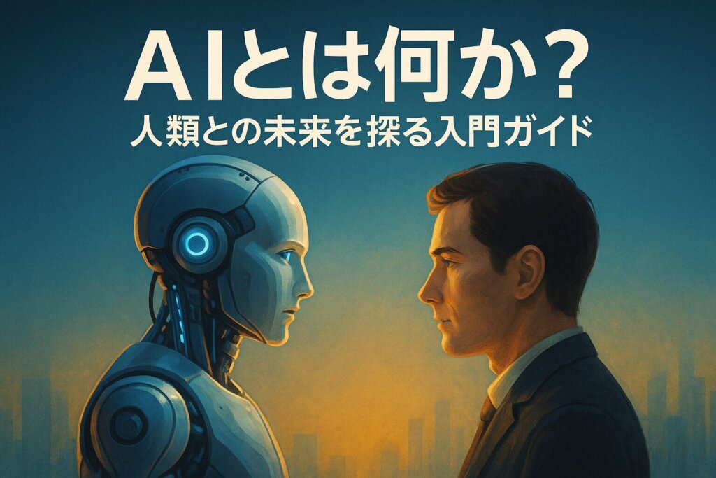 AIと人間が並んで歩く未来的なシルエット。柔らかな光の中で希望を感じるデザイン。