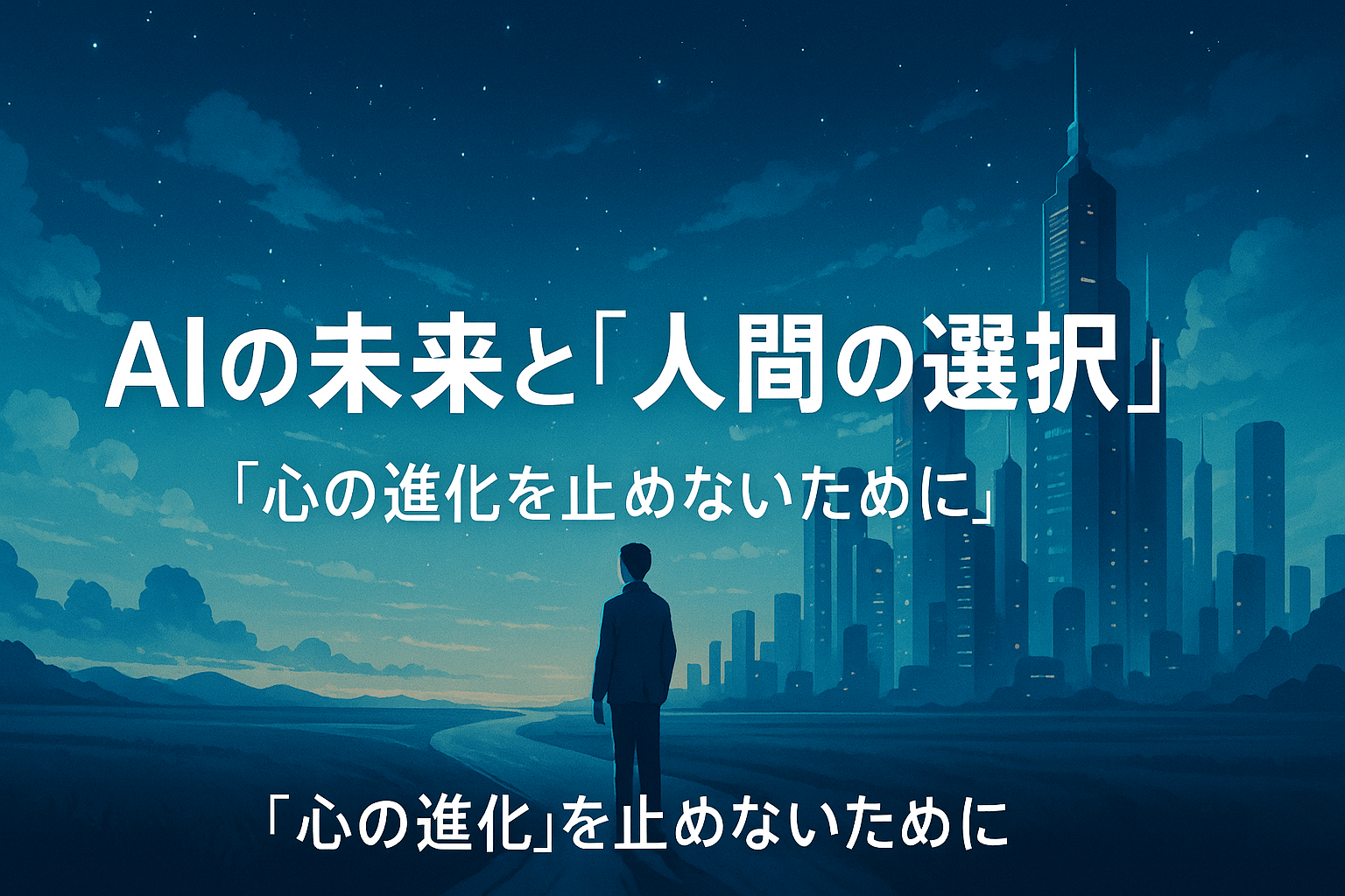 AIと人間が向かい合う未来的なシルエット。静かな青と白の光の中に「AIの未来と人間の選択」というタイトルが浮かぶ。