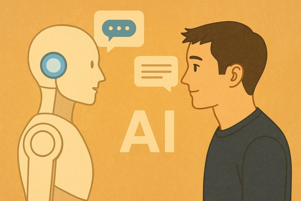 AIロボットと人間がテーブルを挟んで穏やかに会話している様子。優しい光に包まれた水彩風のイラスト。