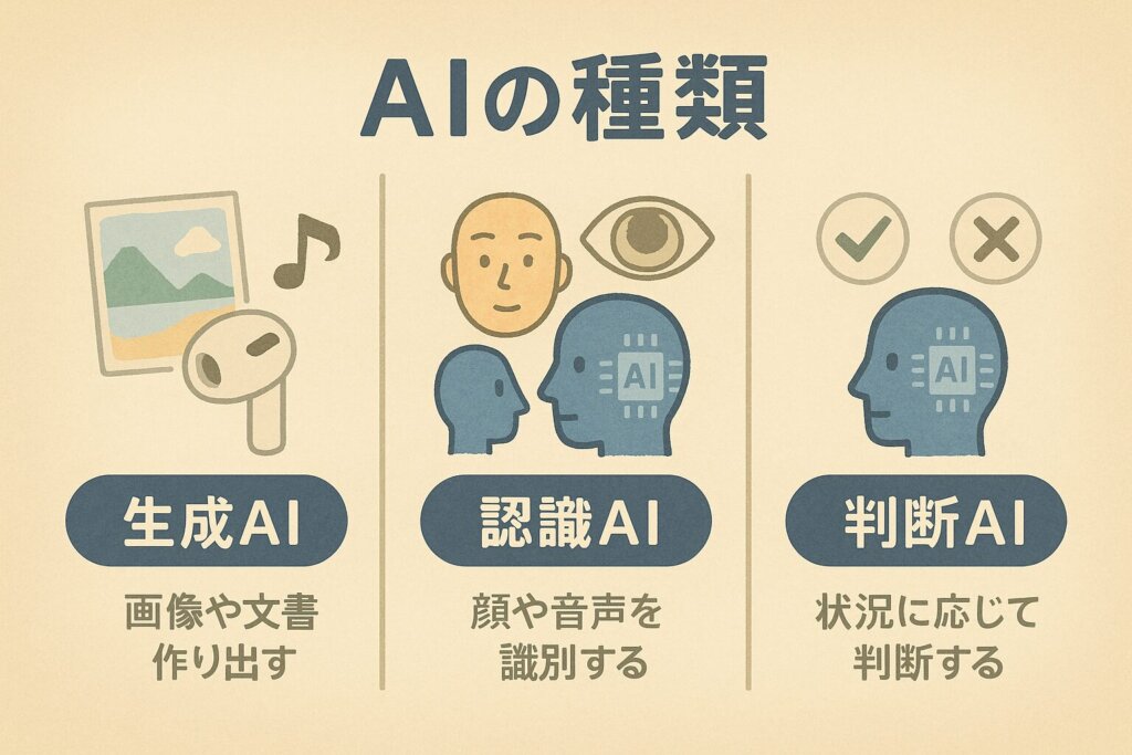 生成AI・認識AI・判断AIの3種類を示す図解。中央にAIのアイコンがあり、三方向に矢印で特徴を説明している。