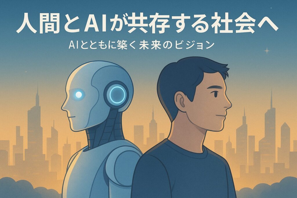 AIロボットと人間が未来都市の街並みを共に歩く様子。青と金色の光が差し込む温かみあるSF風イラスト