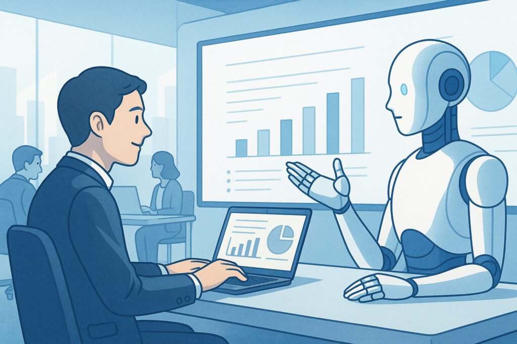 AIロボットと人間のビジネスパーソンが協力して働く未来的なオフィスのイラスト。