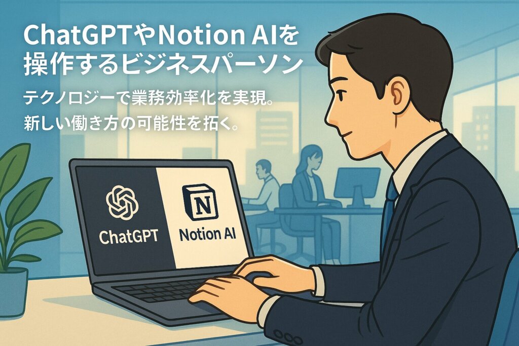 ChatGPTやNotion AIを使いながらパソコン操作をするビジネスパーソンのイラスト。オフィスでAIツールを活用する様子を描写。