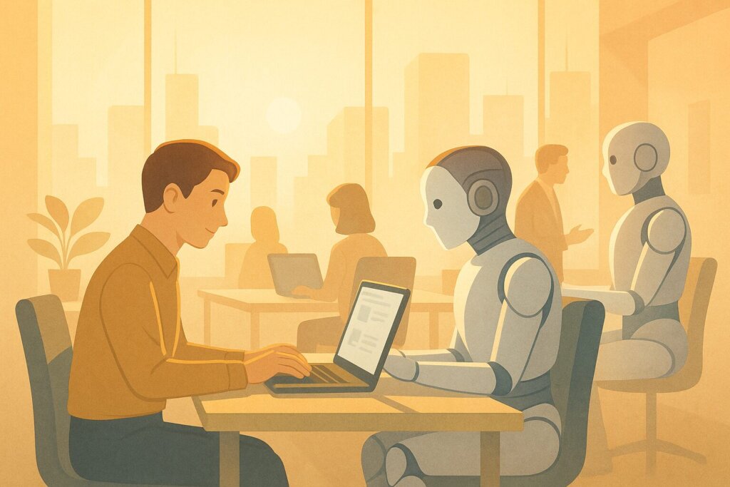 未来的なオフィスでAIと人間が共に働くイラスト。明るい光と温かい雰囲気で共存を表現。