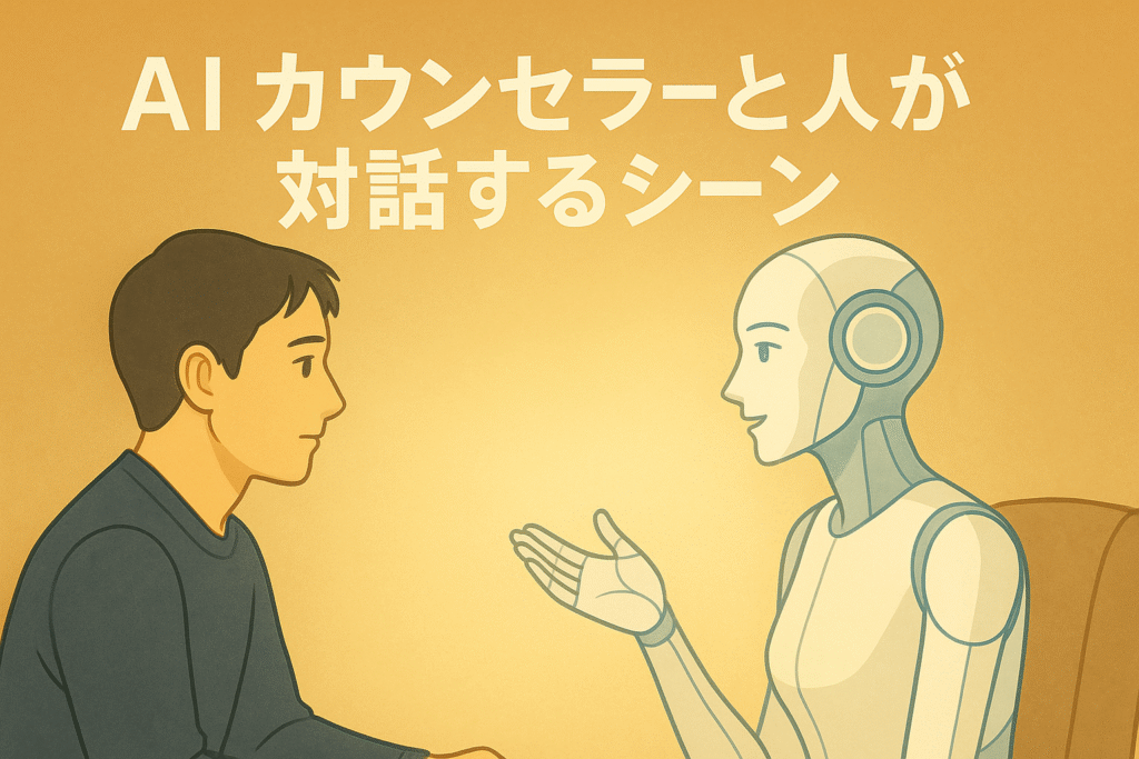 AIと人間が向かい合って会話するシーン。温かい光に包まれた未来的な空間。