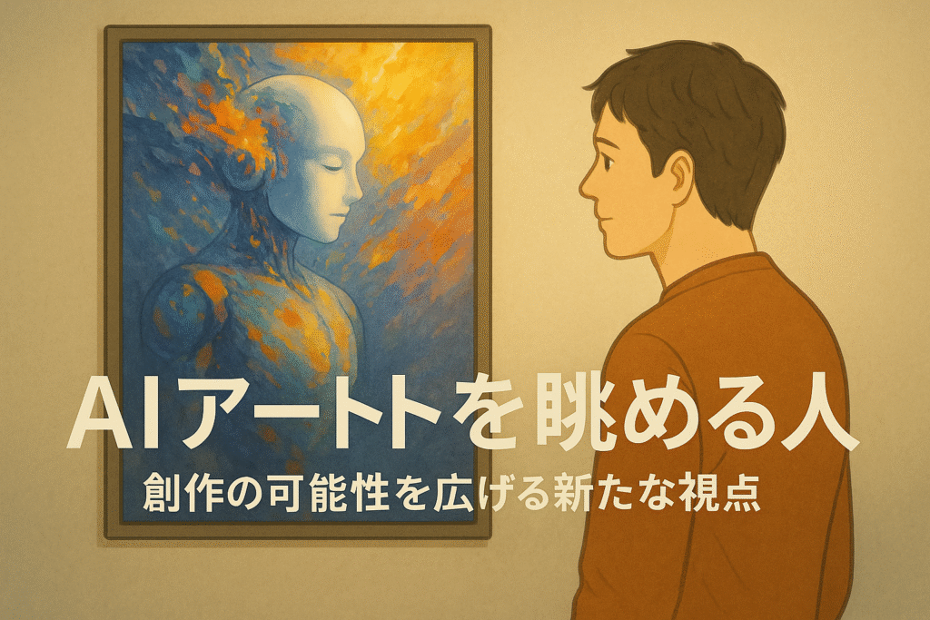 デジタルアートを眺める人。AIによる創作作品が美術館のように並ぶ幻想的な空間。