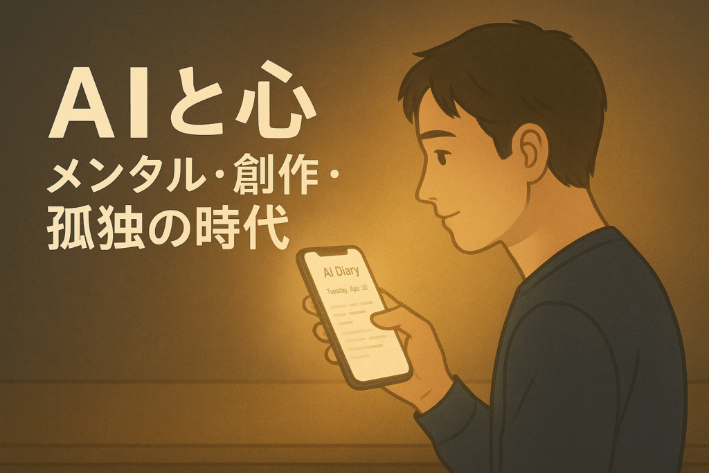 夜の静かな部屋で、スマホを使ってAIと対話しながら日記をつける人物。