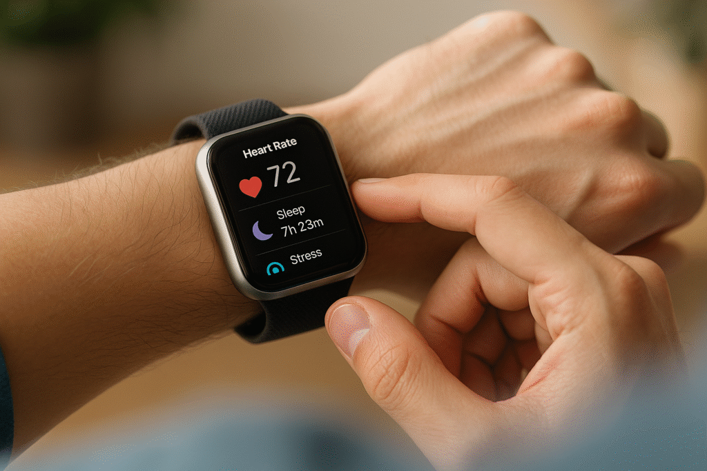 スマートウォッチで健康データを確認する男性。心拍数や睡眠のグラフが浮かぶ未来的なイラスト。