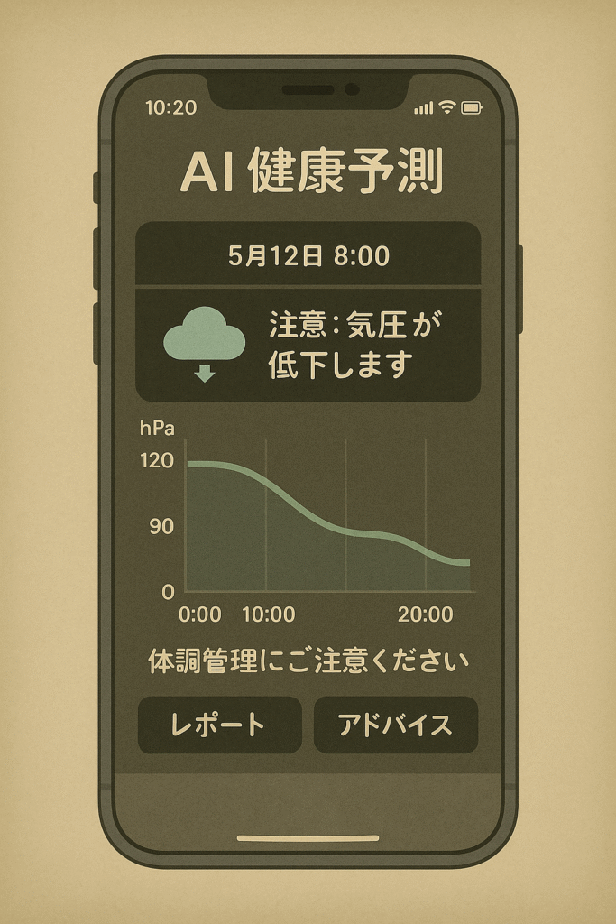 スマートフォンの気圧予測アプリ画面を模したイラスト。気圧グラフとAIのアドバイスが表示されている。
