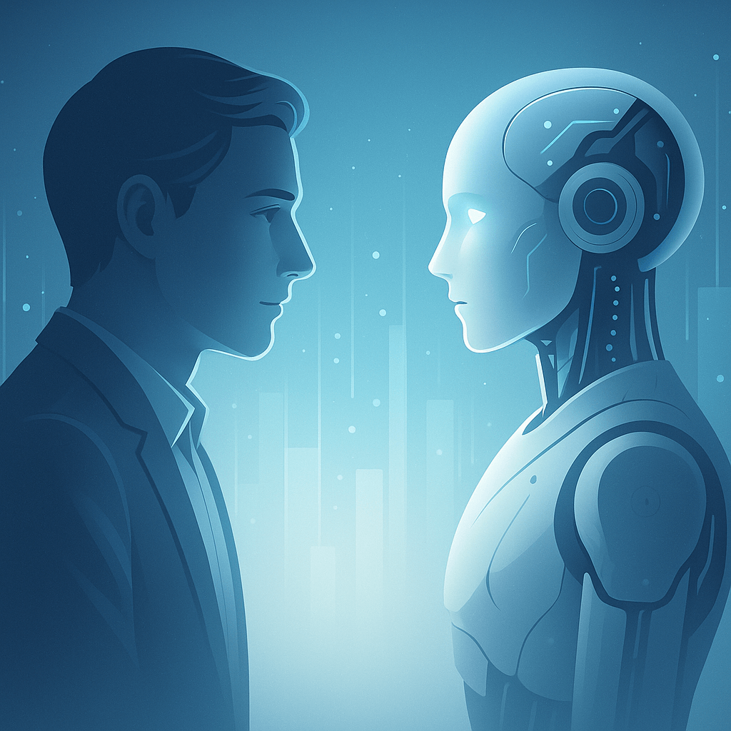 AIと人間が光の中で向かい合い、未来の共存を象徴するイラスト。