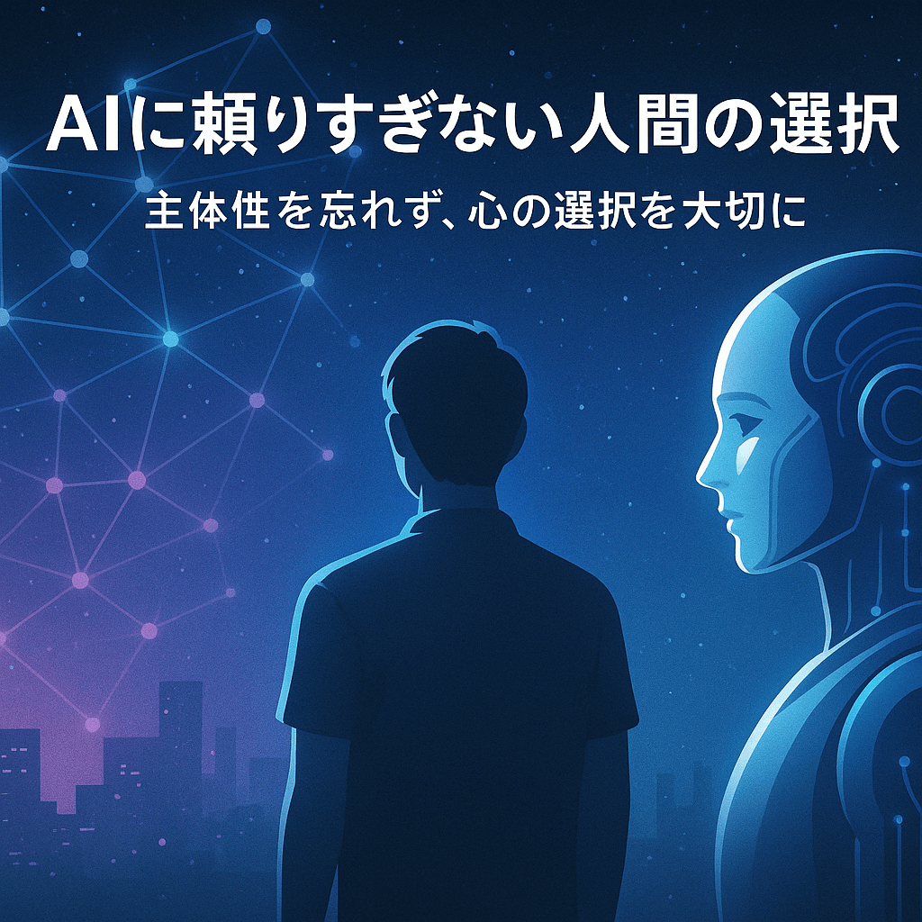 AIの手を離れ、自らの道を歩き出す人間を描いたイラスト。自立と選択の象徴。