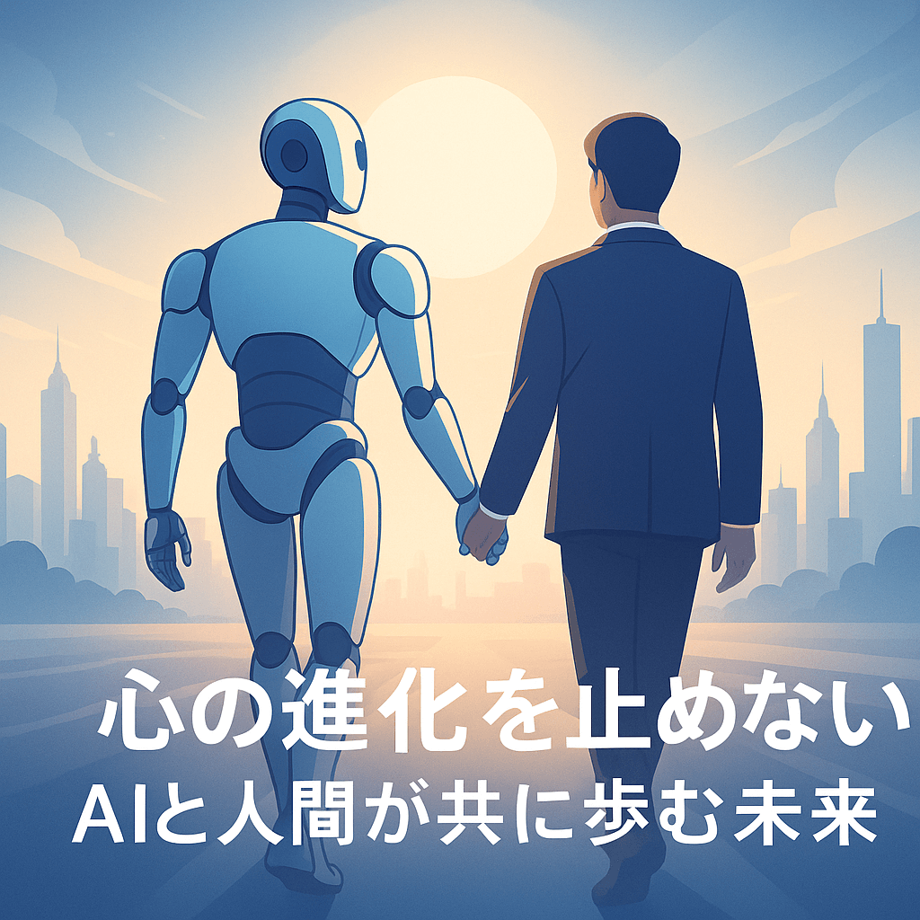 AIと人間が朝焼けの光の中で並んで歩く未来的イラスト。