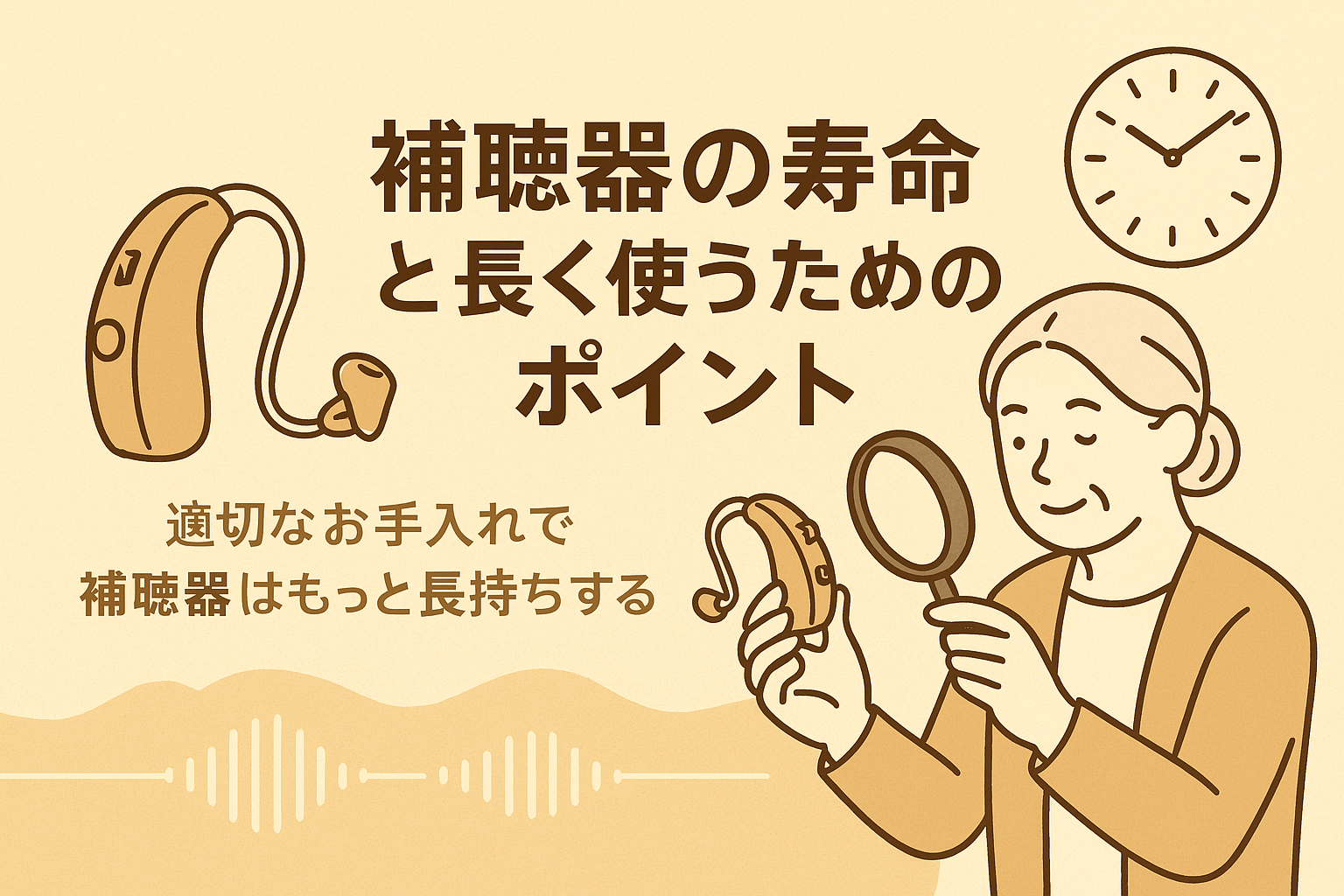 補聴器の寿命と長く使うためのポイントを示したイラスト。年配の女性が補聴器を手に取り、虫眼鏡で点検している様子と、「適切なお手入れで補聴器はもっと長持ちする」という日本語メッセージ入り。