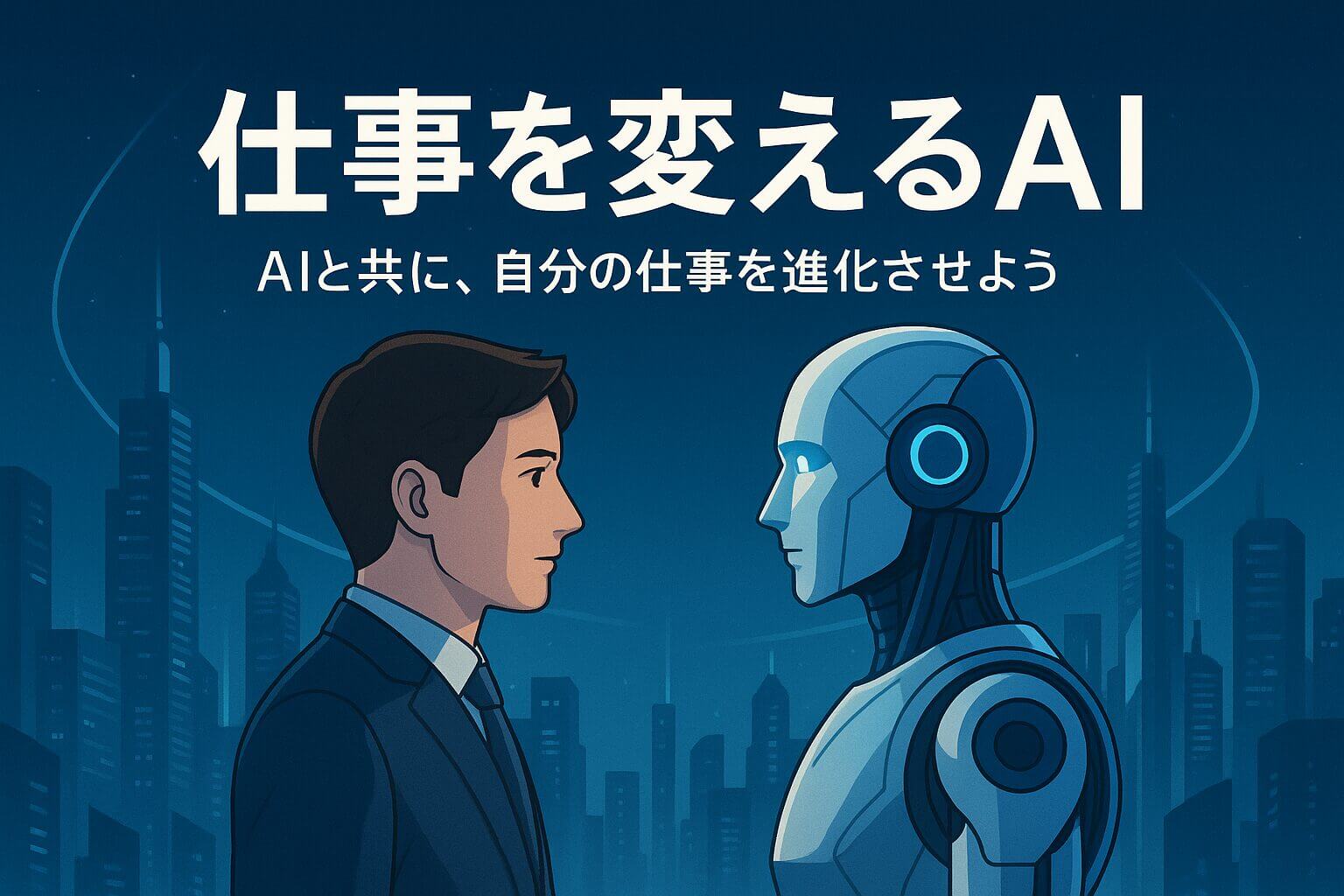 AIと人間が協力して働く未来的なオフィス風景のイラスト。タイトル「仕事を変えるAI──人間の強みはどこにある？」入り。