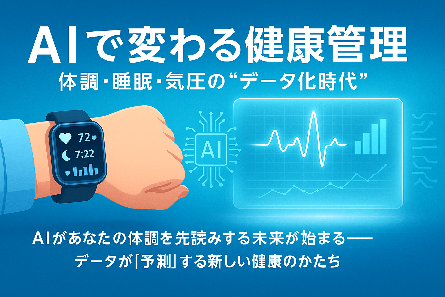 青と白を基調とした近未来的なデジタルヘルスのビジュアル。スマートウォッチやホログラム風グラフが浮かび、中央にタイトルとキャッチコピーが配置されている。