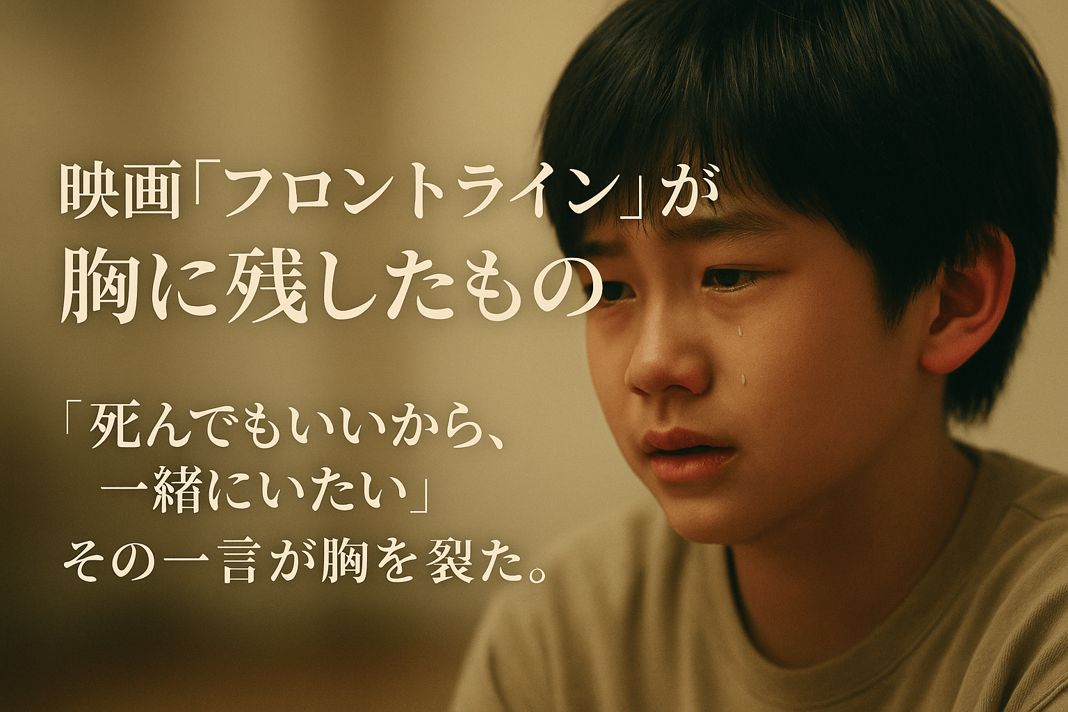 涙を流す少年の表情と「映画『フロントライン』が胸に残したもの」というタイトルが配置されたアイキャッチ画像