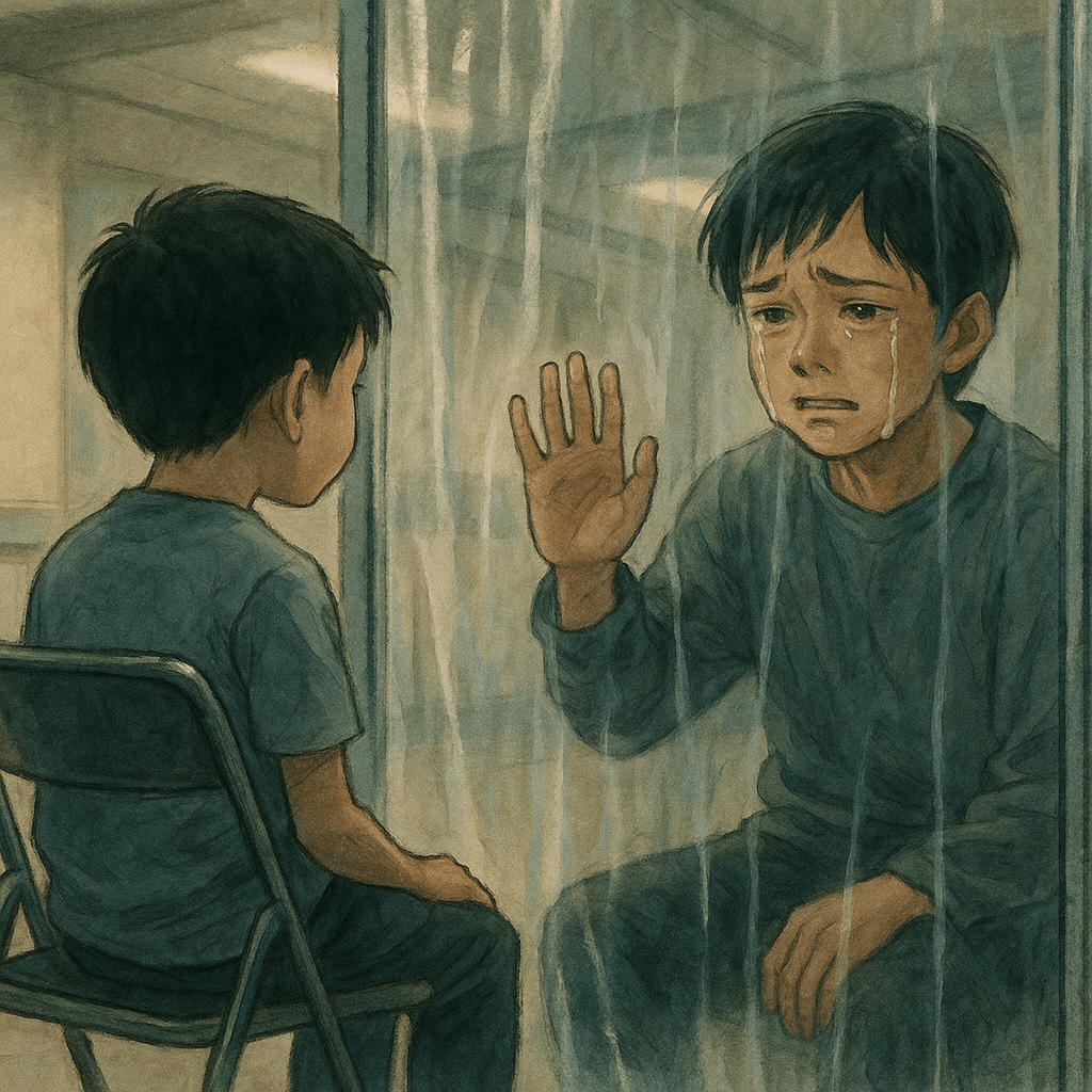 透明のビニールで隔てられた兄弟が向かい合い、涙を流す兄とパイプ椅子に座る弟を描いたイラスト