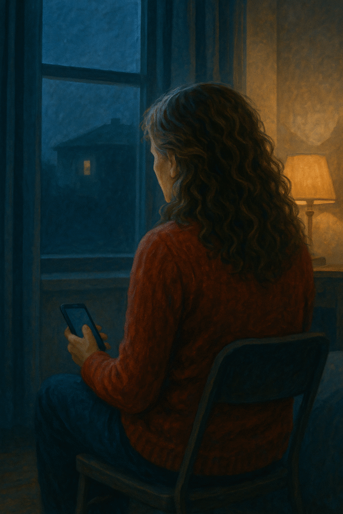 夜の部屋でスマホを握り窓の外を見つめる50代女性を描いたイラスト