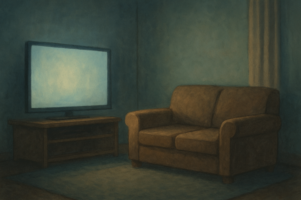 映画鑑賞後の静けさを映した照明の落ちたリビングとテレビ画面を描いたイラスト