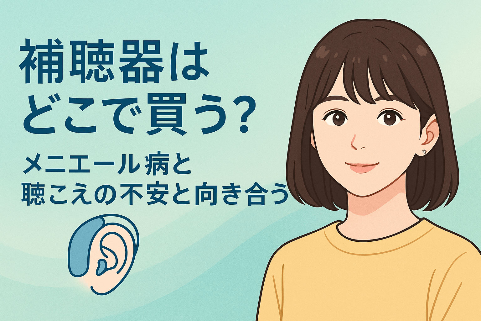 補聴器の購入に悩む人向けの記事用アイキャッチ。横山玲奈さん風の雰囲気を持つ若い女性イラストと、「補聴器はどこで買う? メニエール病と聴こえの不安と向き合う」という日本語タイトルが描かれた画像。