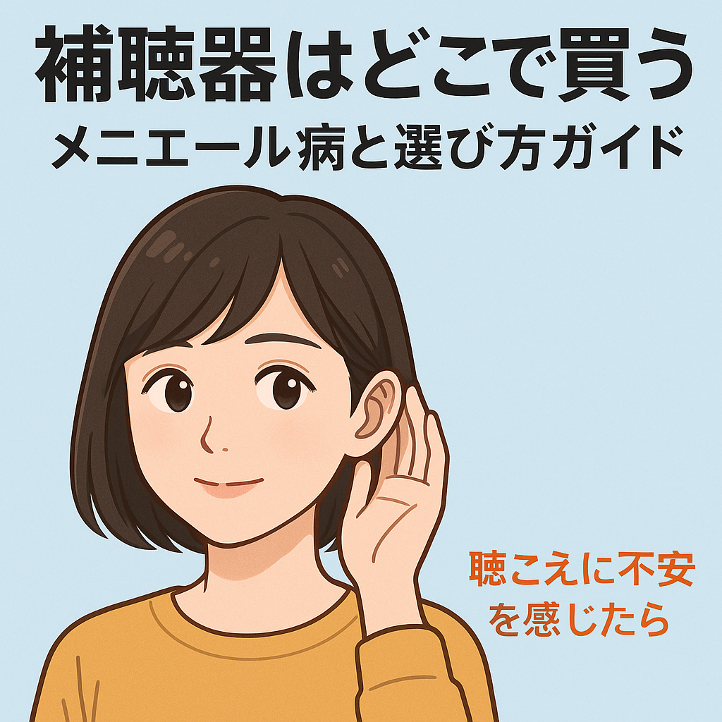 補聴器はどこで買うか悩む人向けに、耳に手を当てる女性が描かれたアイキャッチ画像。「補聴器はどこで買う」「メニエール病と選び方ガイド」という文字入り。