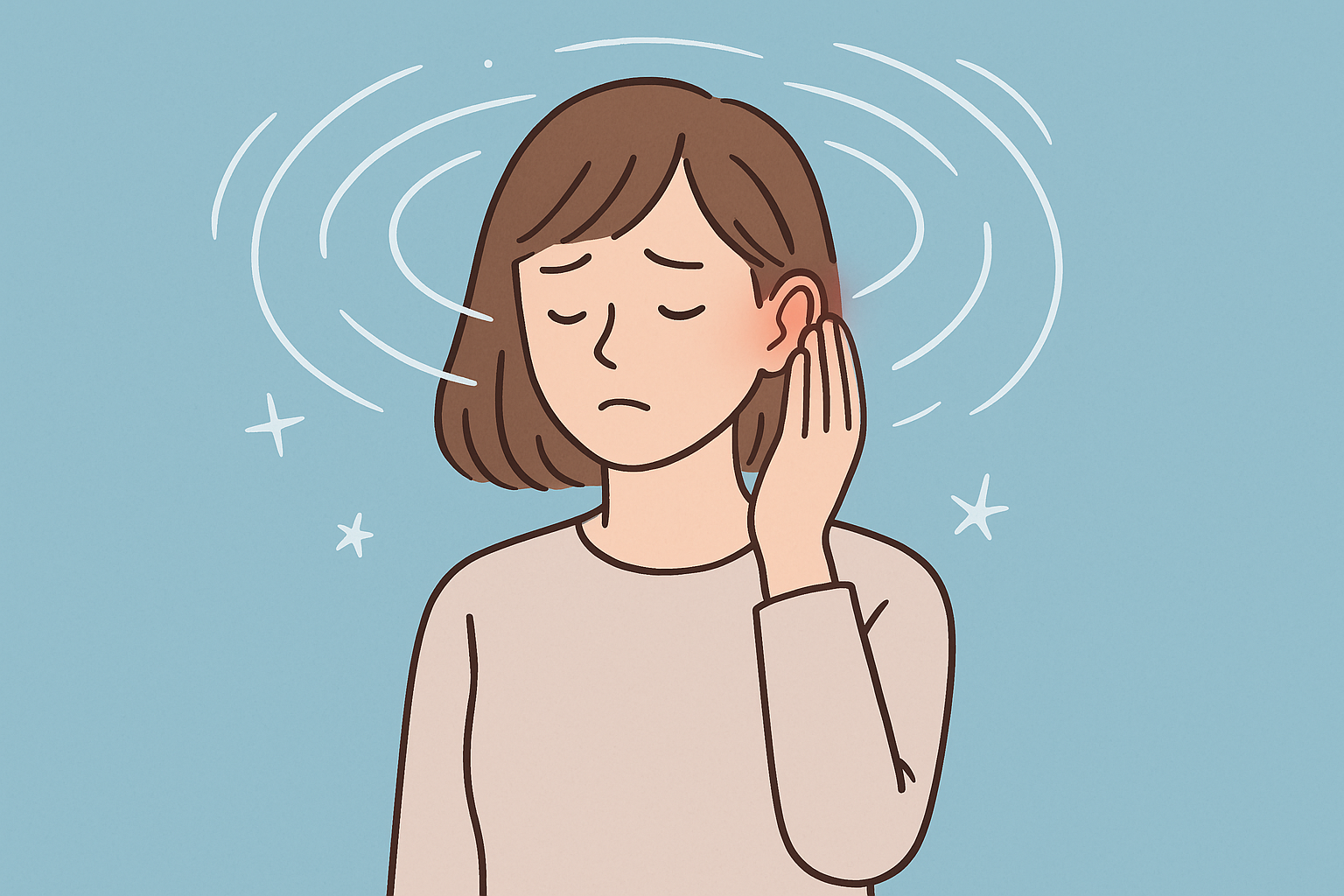 めまいや耳鳴りでつらそうに耳を押さえる女性のイラスト。頭の周りにはぐるぐるした線が描かれ、回転性めまいの感覚を表現している。