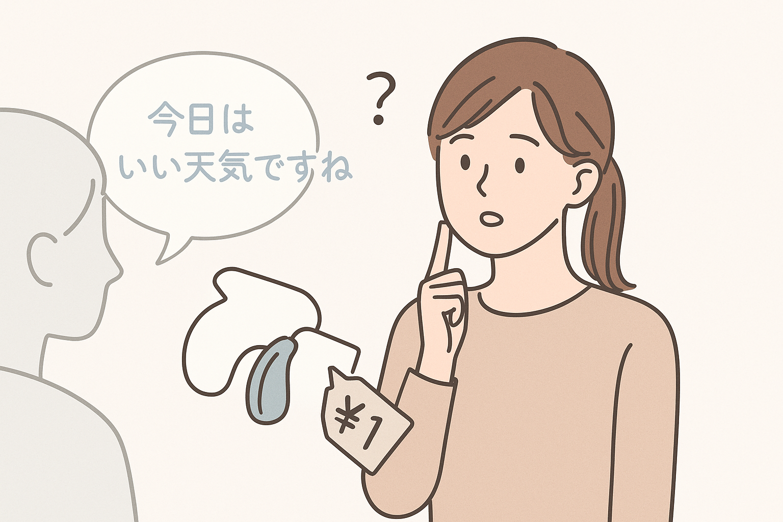 相手の話がよく聞こえず、「え?」と聞き返す女性のイラスト。相手の吹き出しは薄く表示され、聞こえにくさを表現している。