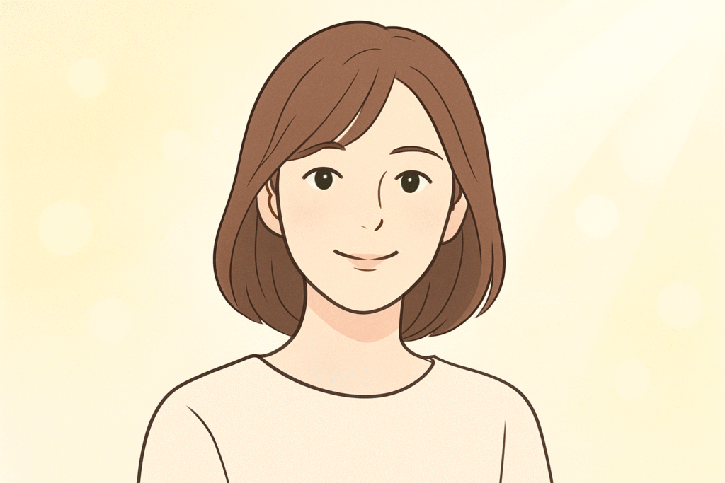 柔らかい光に包まれながら優しく微笑む女性のイラスト。安心感と前向きさを感じさせる表情が描かれている。