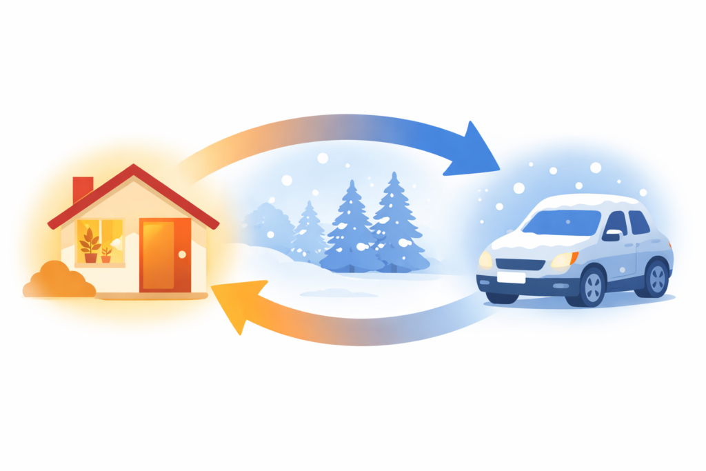 室内(暖)→屋外(寒)→車内(暖)の温度差の流れを示す図