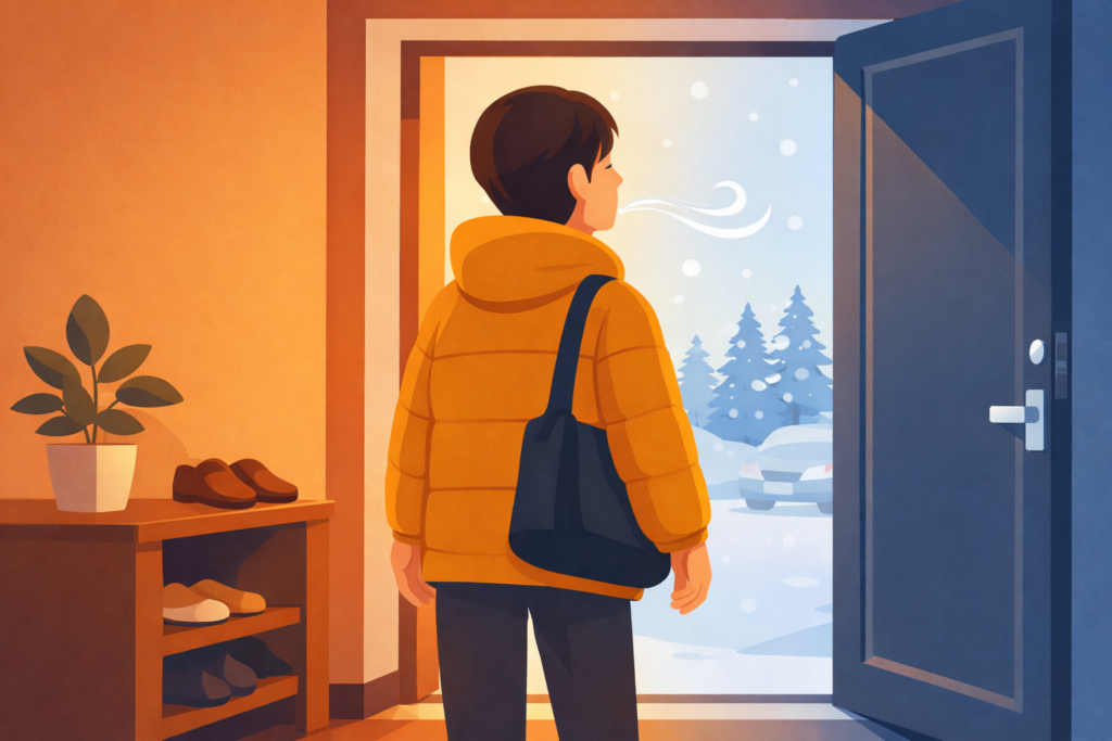 玄関で立ち止まり深呼吸して落ち着く様子