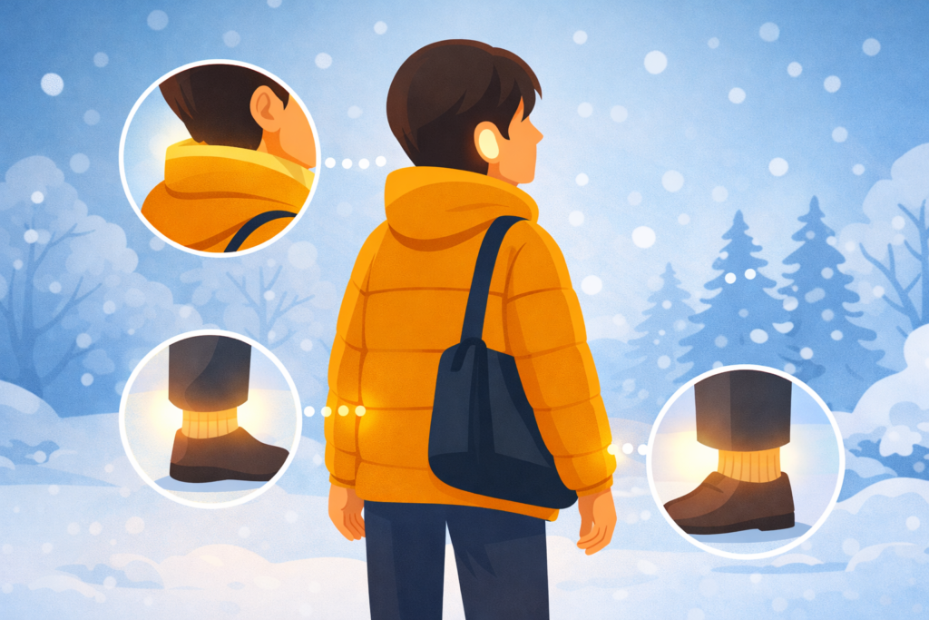 首・耳・足首を守る防寒ポイントを示すイラスト
