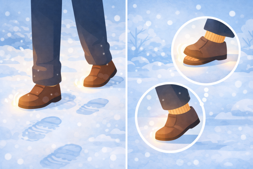 外に出た直後に足裏の感覚を戻すための動き(ゆっくり3歩・足指グーパー・かかと上げ)