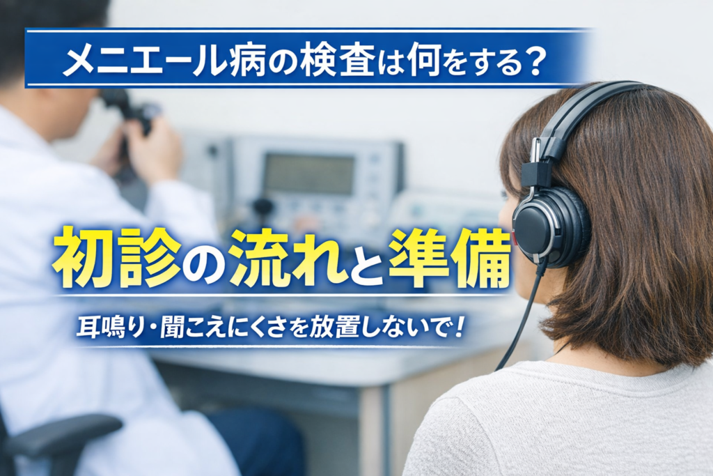 聴力検査を受ける女性の写真に「メニエール病の検査は何をする？ 初診の流れと準備／耳鳴り・聞こえにくさを放置しないで！」と書かれたアイキャッチ画像