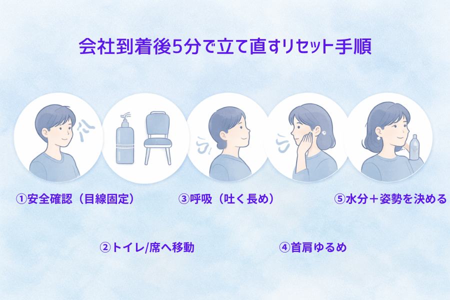 会社到着後にフワフワを整える5分リセット手順（安全確認→移動→呼吸→首肩ゆるめ→水分と姿勢）を示した図解