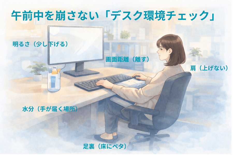 午前中を崩さないためのデスク環境チェック（画面距離、明るさ、水分、肩の力、足裏の接地）を示したイラスト