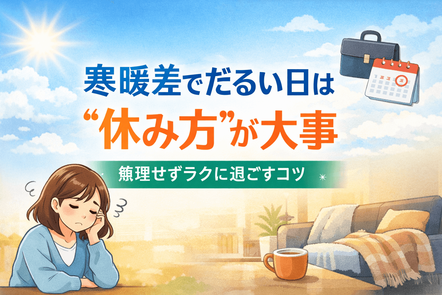 寒暖差でだるい日は「休み方が大事」を伝えるアイキャッチ。青空と室内の背景に、疲れた人物イラストと仕事小物。