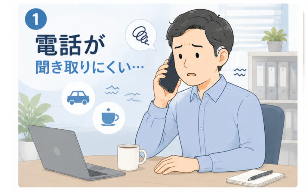 補聴器をつけた人が電話の聞き取りにくさに困っている様子