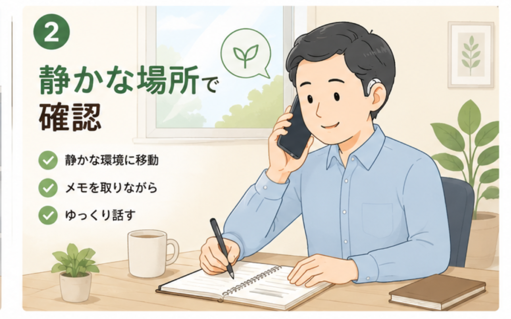 補聴器をつけた人が静かな場所でメモを取りながら電話している様子