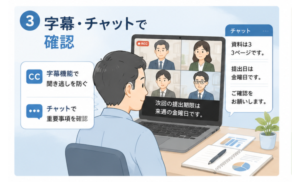 補聴器をつけた人がオンライン会議で字幕とチャットを使って確認している様子