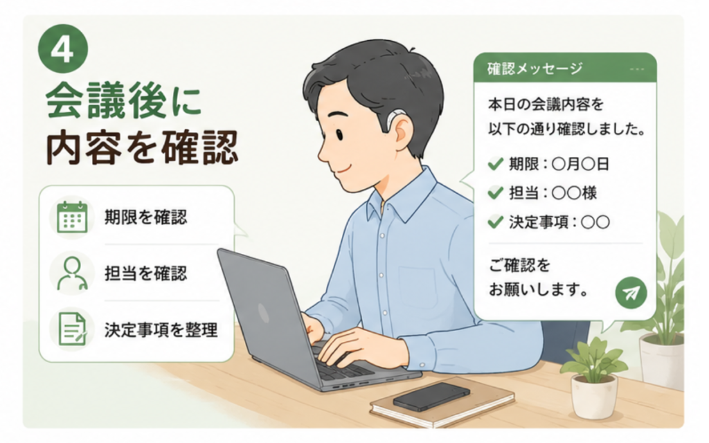 補聴器をつけた人が会議後に確認メッセージを送っている様子