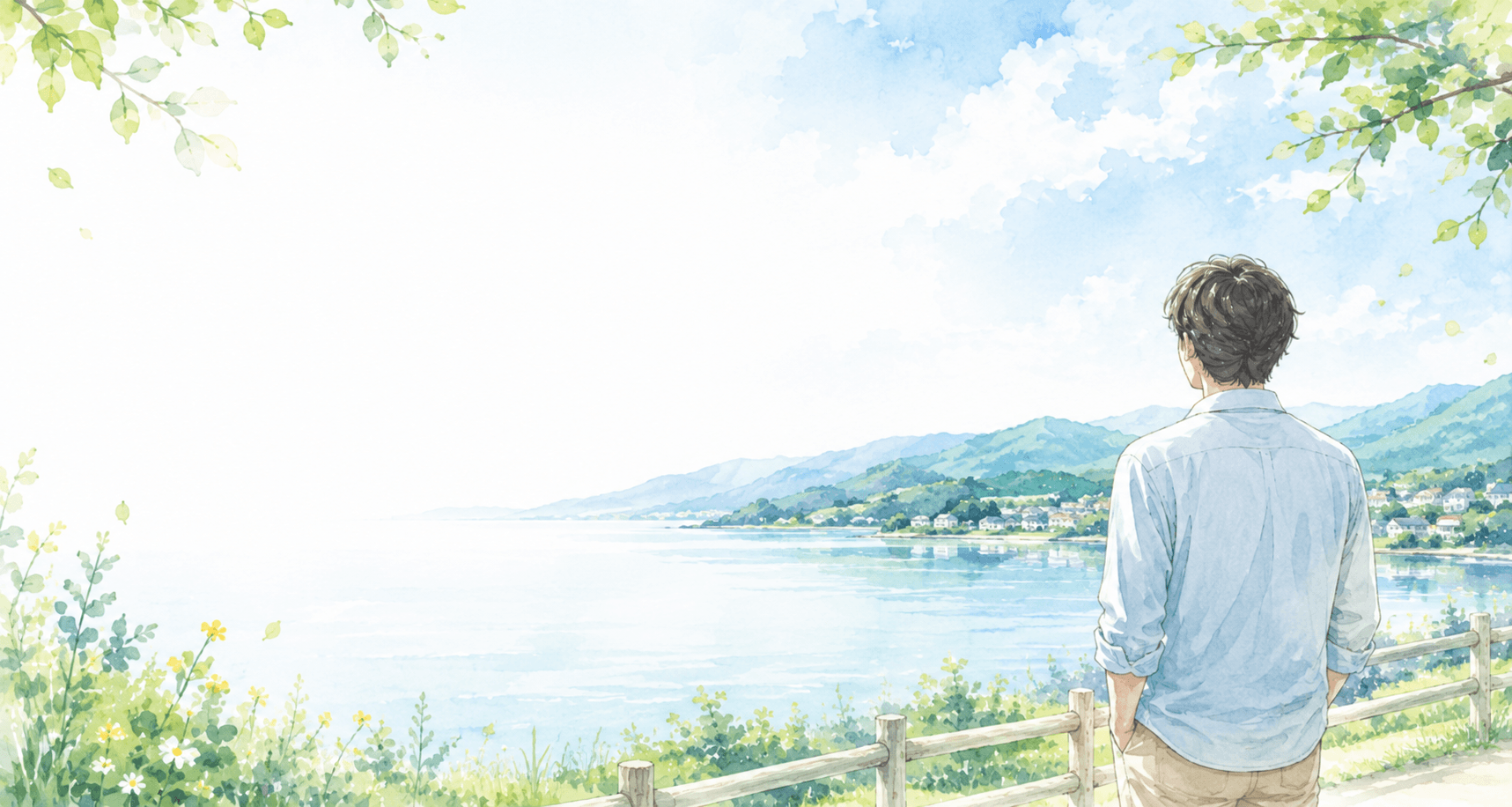 青空と湖を眺める男性の後ろ姿を描いたメニエール病ブログのメインビジュアル