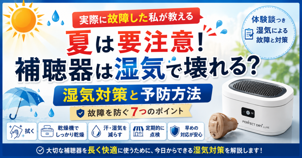 夏の湿気で補聴器が故障する原因や対策を解説。実際に湿気による故障を経験した筆者が、補聴器を長持ちさせる湿気対策と予防方法を紹介するアイキャッチ画像。