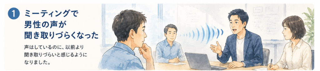 メニエール病発症時、ミーティングで以前は聞こえていた男性の声が聞き取りづらくなった体験を表したイラス