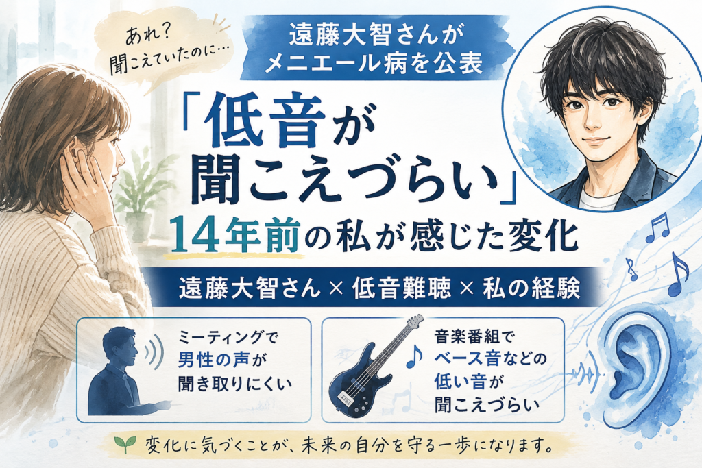 メニエール病による低音の聞こえづらさと、男性の声やベース音の聞き取りにくさを表したイラスト