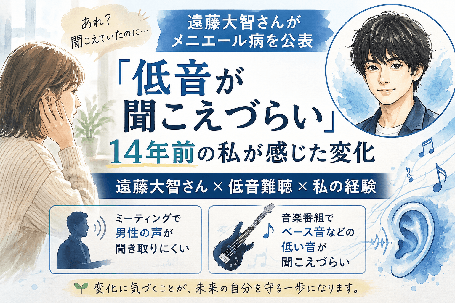 メニエール病による低音の聞こえづらさと、男性の声やベース音の聞き取りにくさを表したイラスト