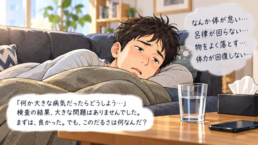 42歳で体のだるさや体力低下を感じ、ソファで休んでいる男性のイラスト