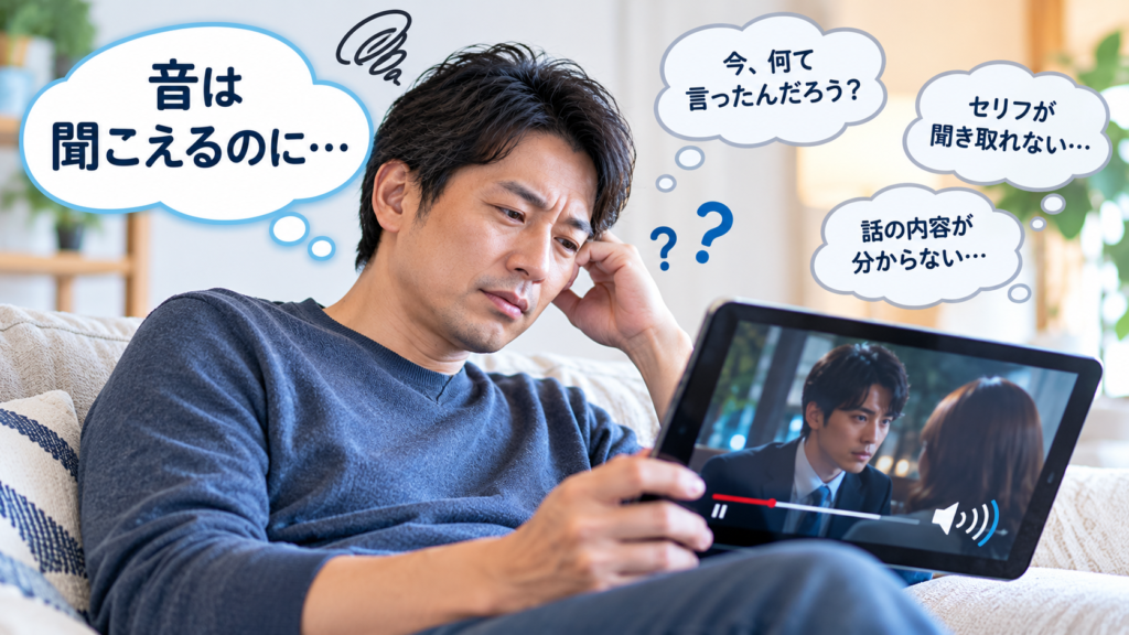 難聴によりドラマの音は聞こえてもセリフを理解できず、iPadを見ながら困っている40代男性