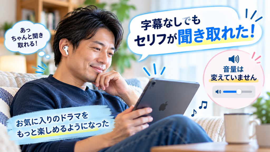 AirPods Pro 3を装着した男性が、音量を変えずに字幕なしのドラマのセリフを聞き取れて喜ぶ様子