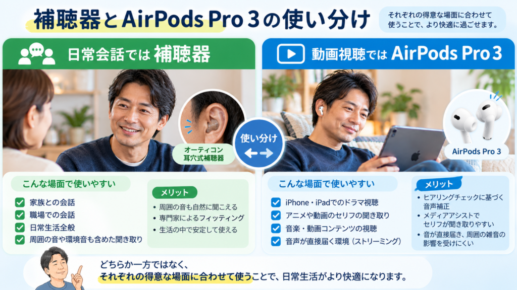 オーティコンの耳穴式補聴器は日常会話、AirPods Pro 3はiPhoneやiPadでの動画視聴に使い分ける難聴男性の体験比較